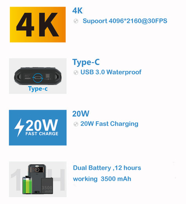 กล้องใส่ร่างกาย 5G พร้อมระบบ Android 10 และแสงสว่าง 1.5W / ไฟโฟลด์ LED