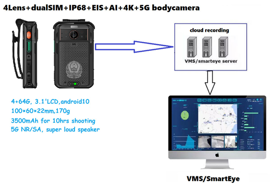 กล้องใส่ร่างกาย 5G พร้อมระบบ Android 10 และแสงสว่าง 1.5W / ไฟโฟลด์ LED