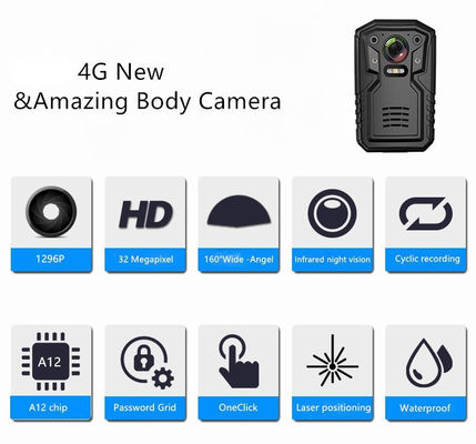 4G GSM Live Body สวมกล้อง Ambarella A12 ชิปรหัสผ่าน Grip