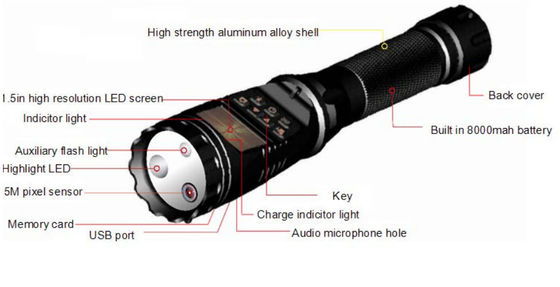 H.264 ตำรวจรักษาความปลอดภัยไฟฉาย DVR มัลติฟังก์ชั่น 8000mAh แบตเตอรี่ CE อนุมัติ
