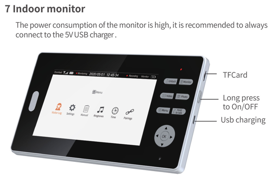 ออดวิดีโอ 2.4GHz WIFI ออดวิดีโอความละเอียดสูง 7 นิ้ว LCD Peephole